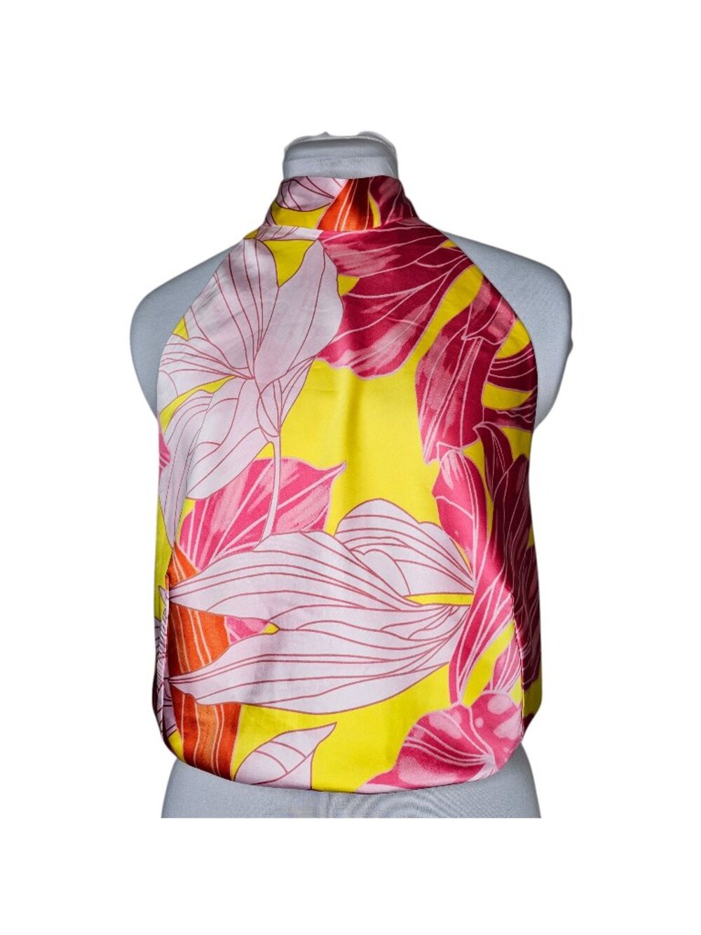 Sigrid Olsen L Pink Yellow Tropical Floral Satin Halter Top Island Girl Smocked